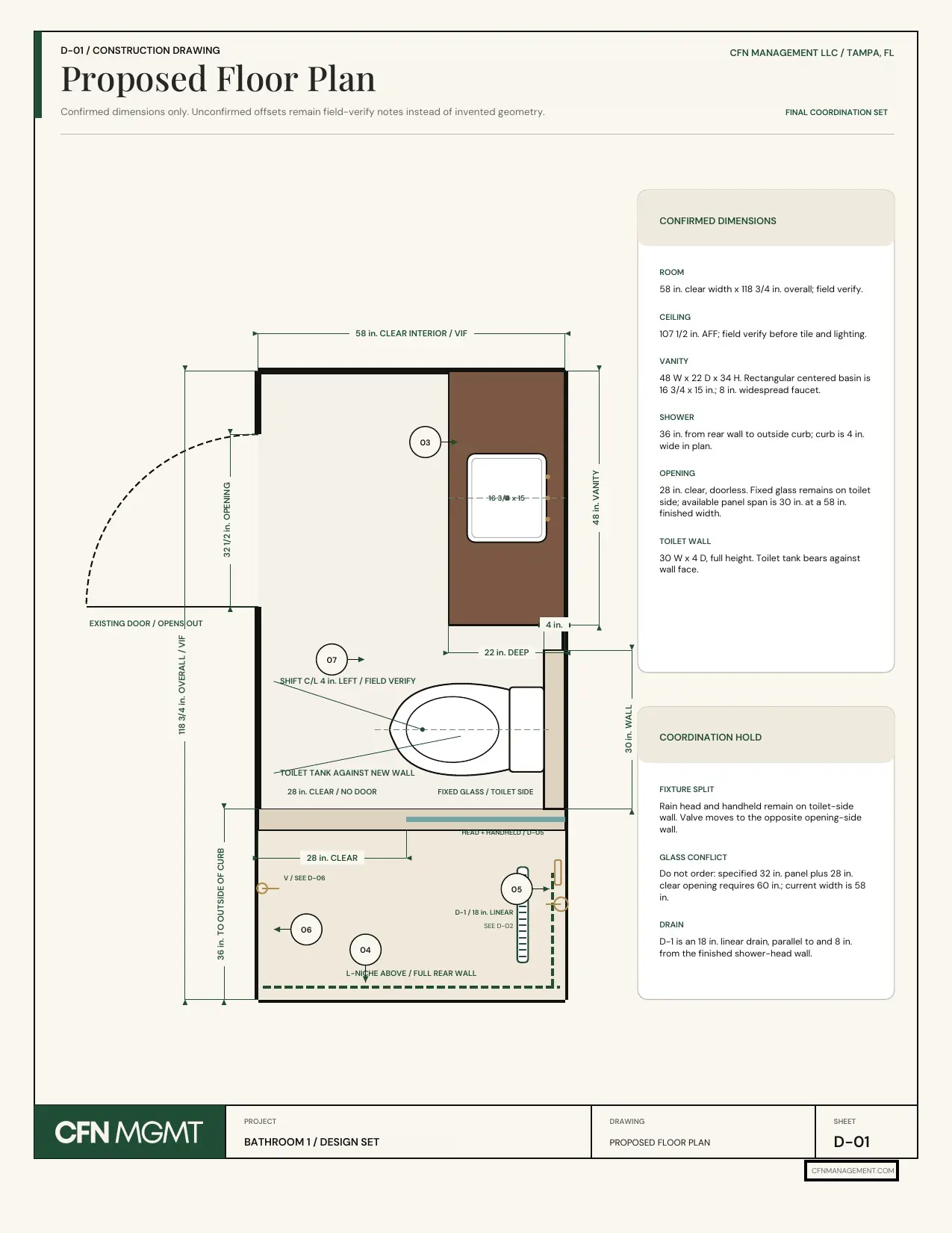CFN proposed bathroom floor plan with dimensions, fixture locations, clearances and contractor notes