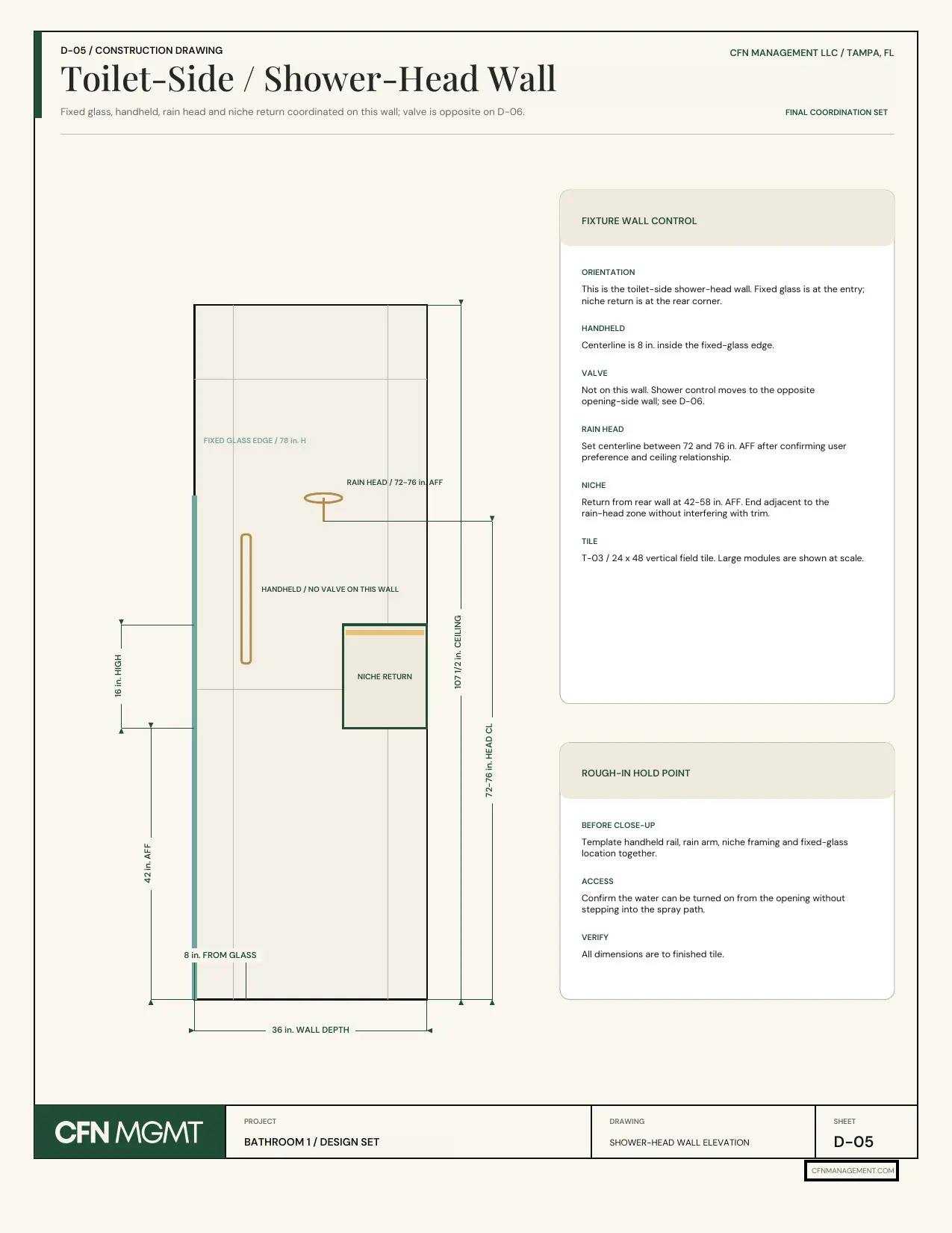 CFN shower-head wall elevation with plumbing rough-in heights, niche return and tile control notes