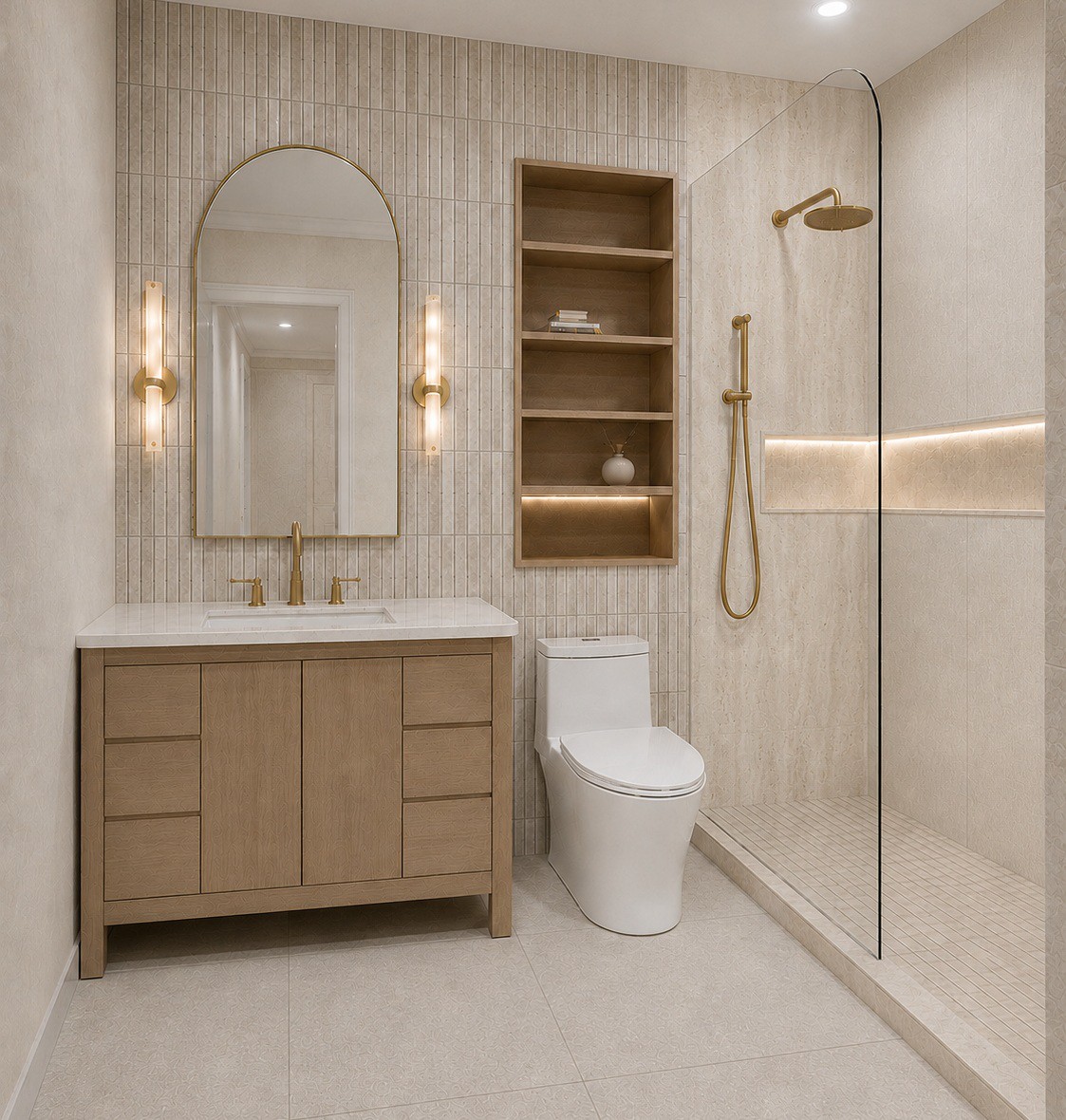 Bathroom 1 design render, warm minimal bath
